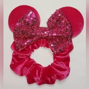 Velvet Mouse Ears Scrunchie Hot Pink With Shiny Sequin Bow